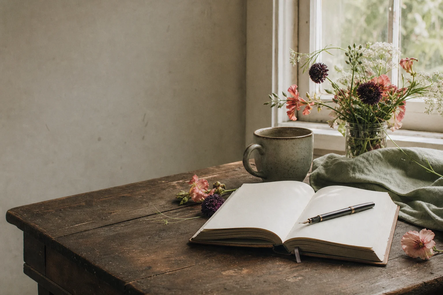 An open journal, flowers and a morning cup beside a window